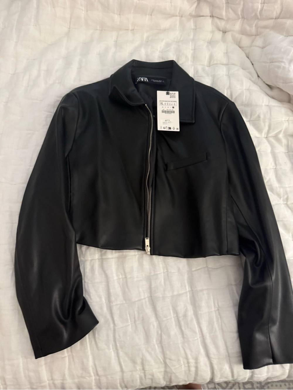 Zara Black Faux Leather Cropped Zip Jacket
